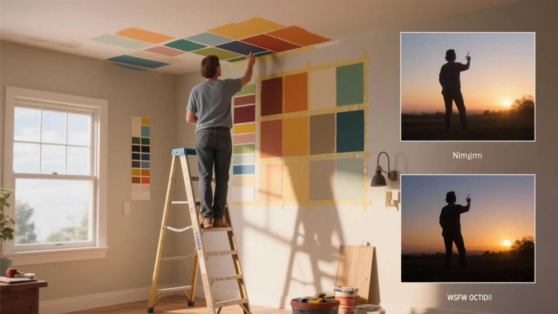 Person testing large paint swatches on ceiling and wall by a window, comparing daylight and evening light.
