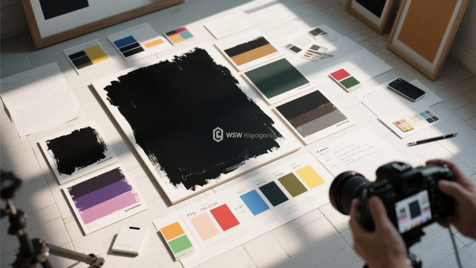 Top-down view of matte black paint swatches, color chips and a floor layout used for testing paint choices.