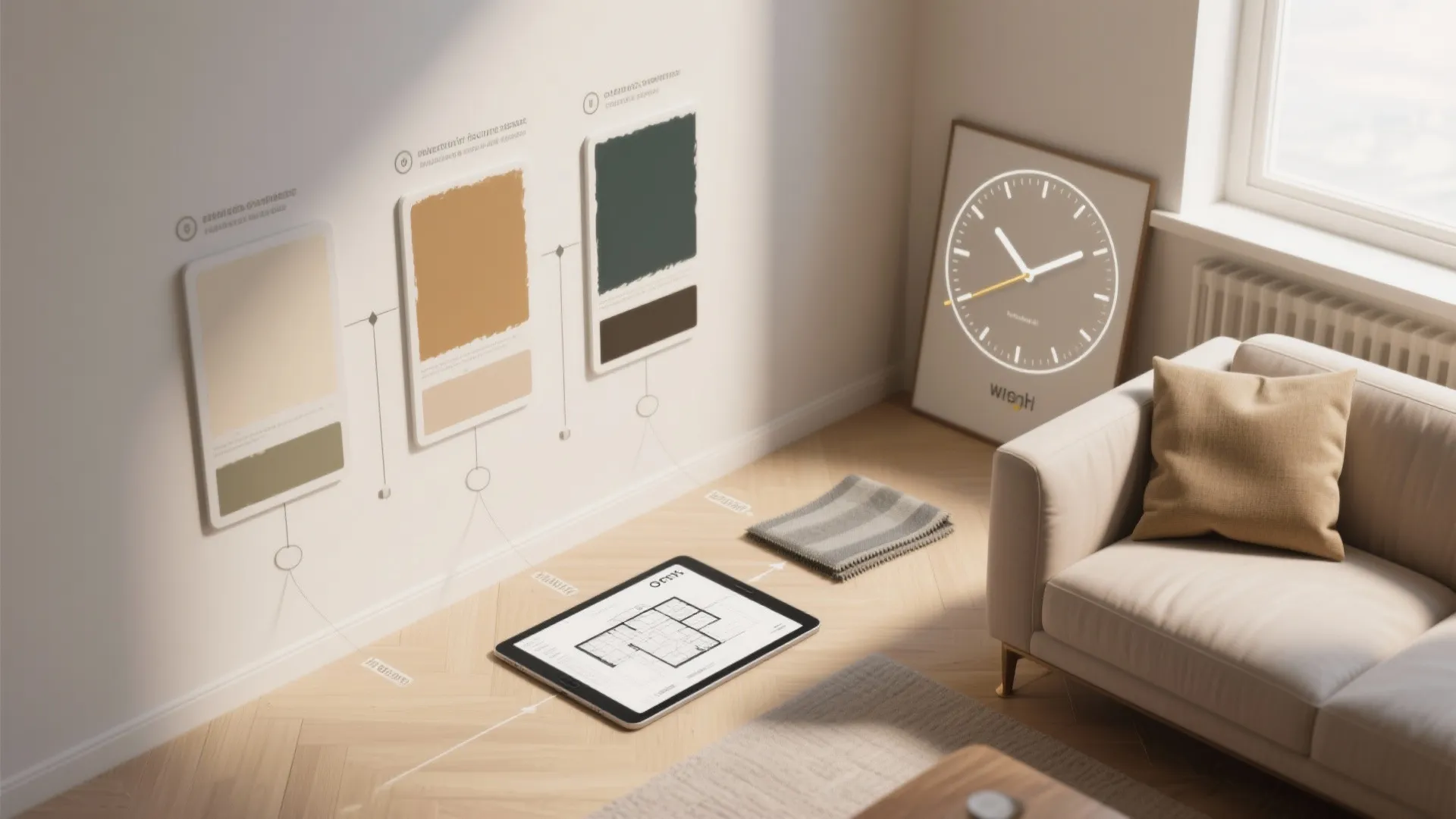 Modern living room showing wall color swatches sofa tablet with floor plan and large clock
