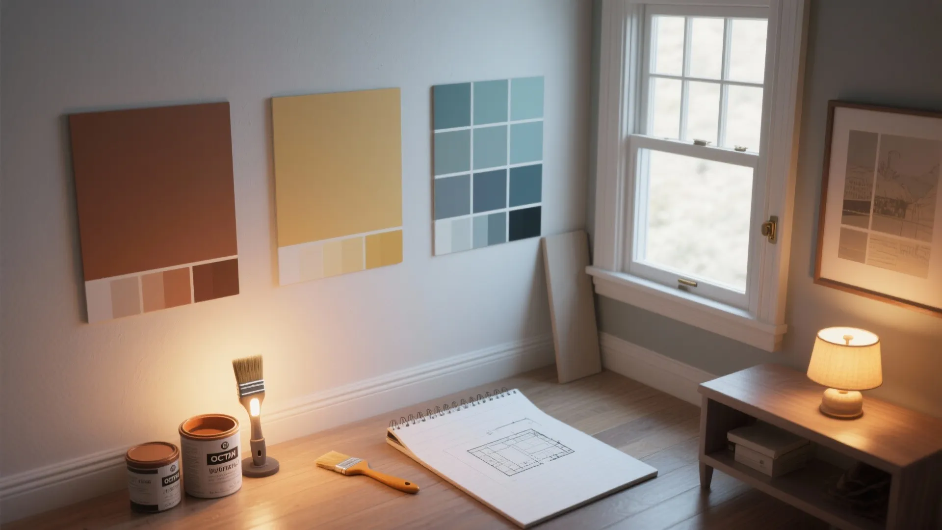 Interior design drawing with paint cans and color swatches on a wooden floor near window