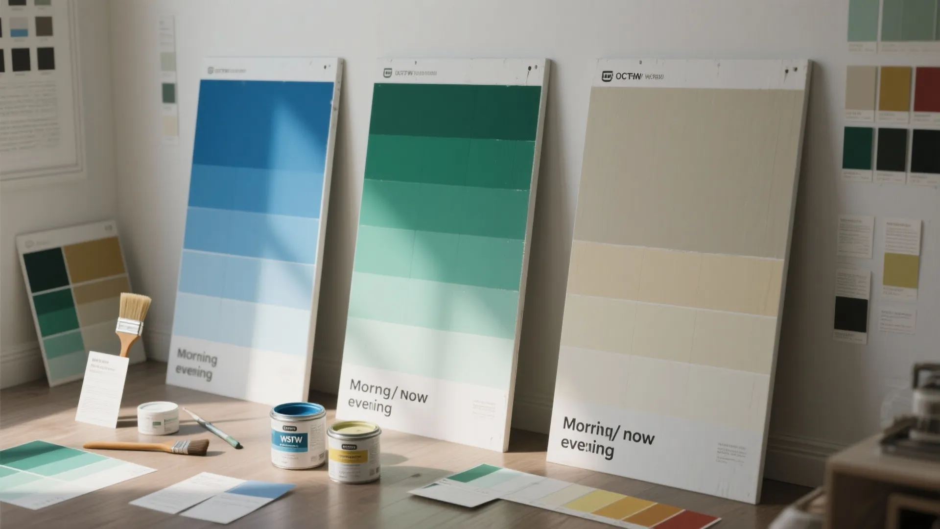 Three large paint color boards with blue green and beige shades lean against white wall