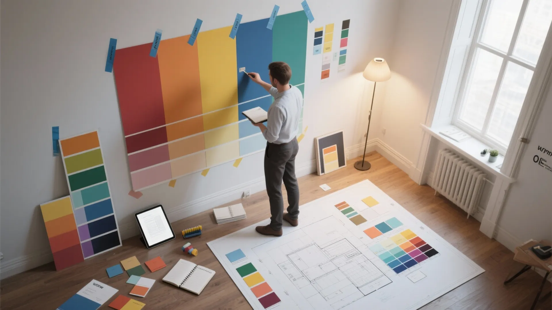 Top-down view of large paint swatches taped to walls and a floor plan while testing colors at different lights.
