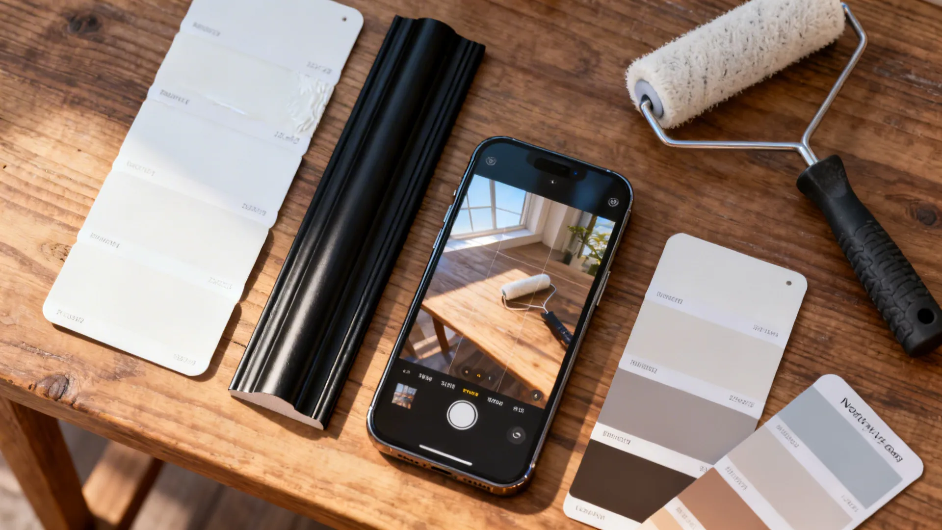 Top-down view of white paint swatches tested next to a black trim sample and a phone photographing them.