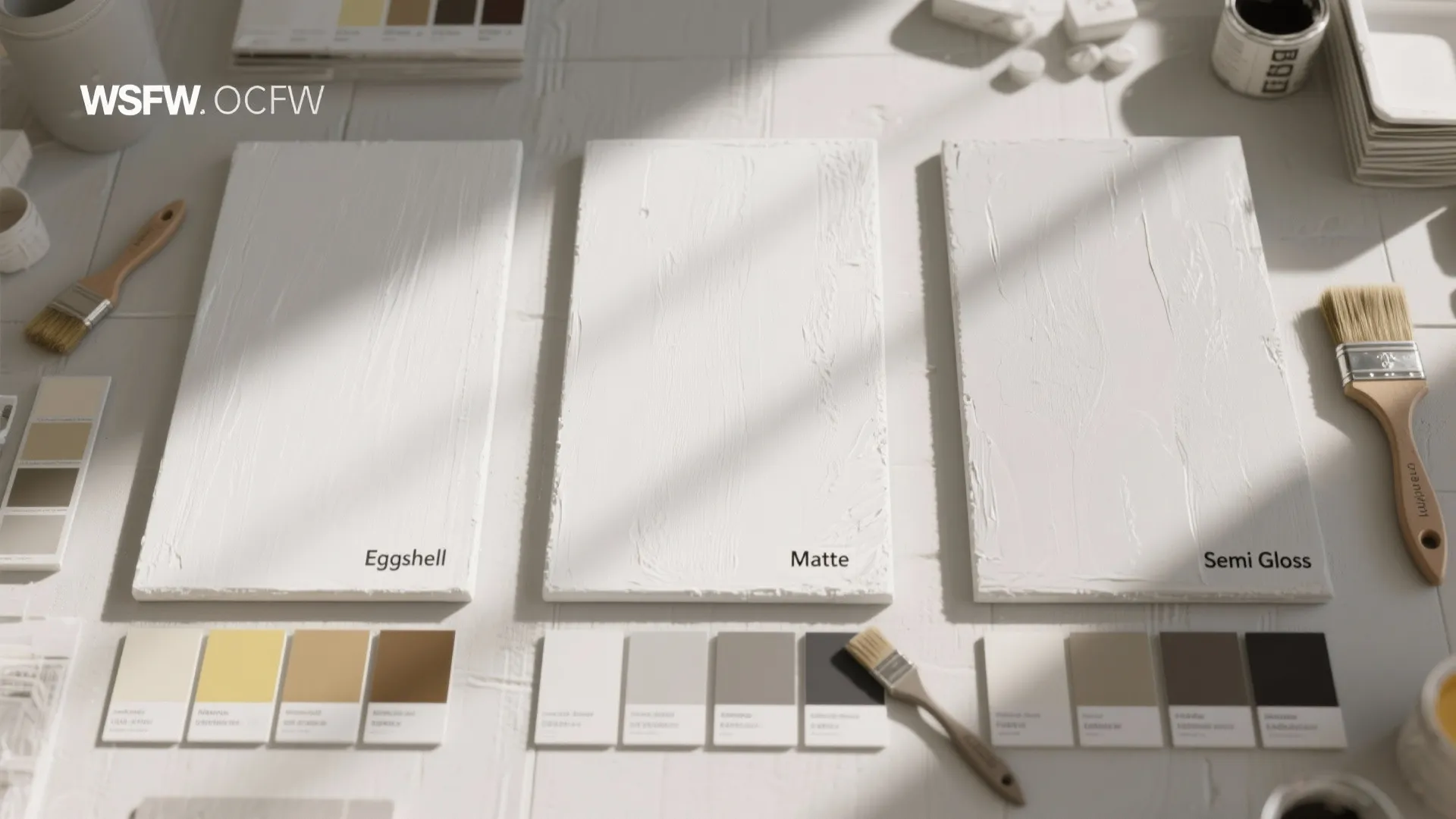 Three white paint boards showing eggshell matte and semi gloss finishes with brushes and swatches