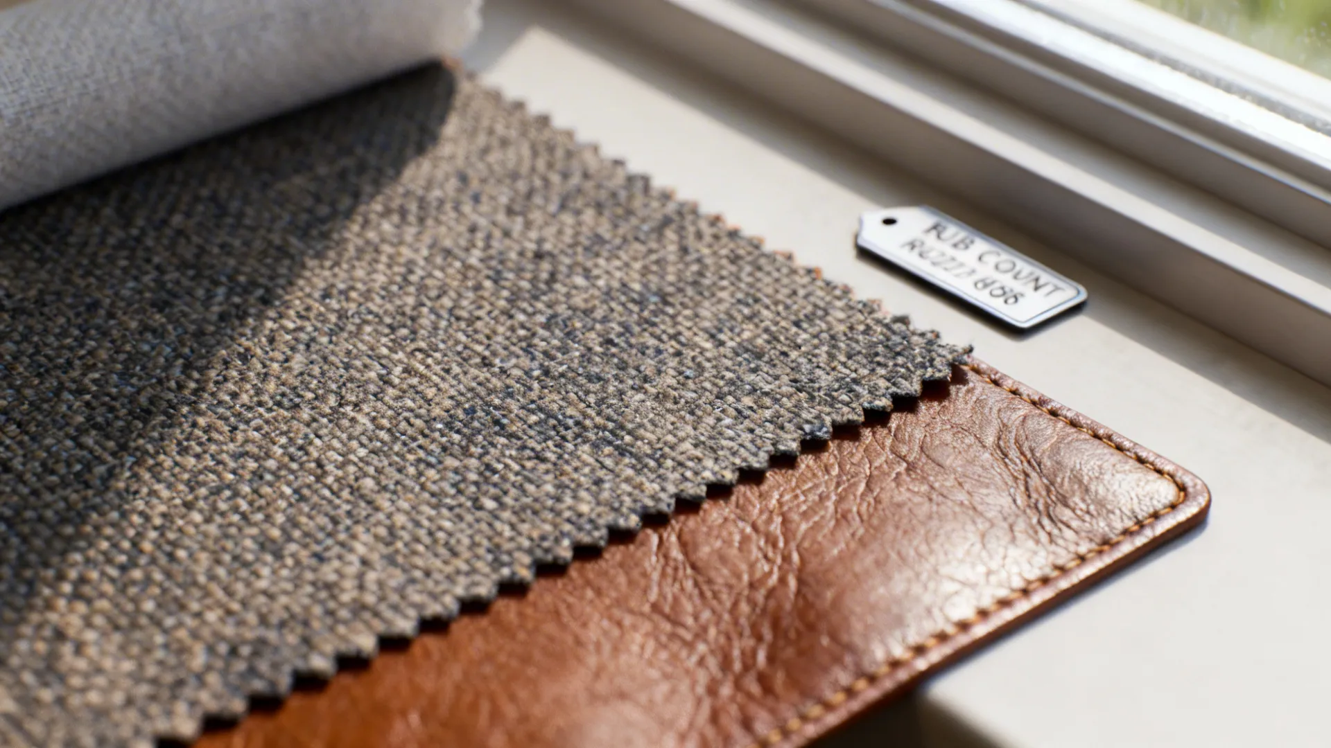 Fabric and leather swatches with a rub-count tag shown in natural light