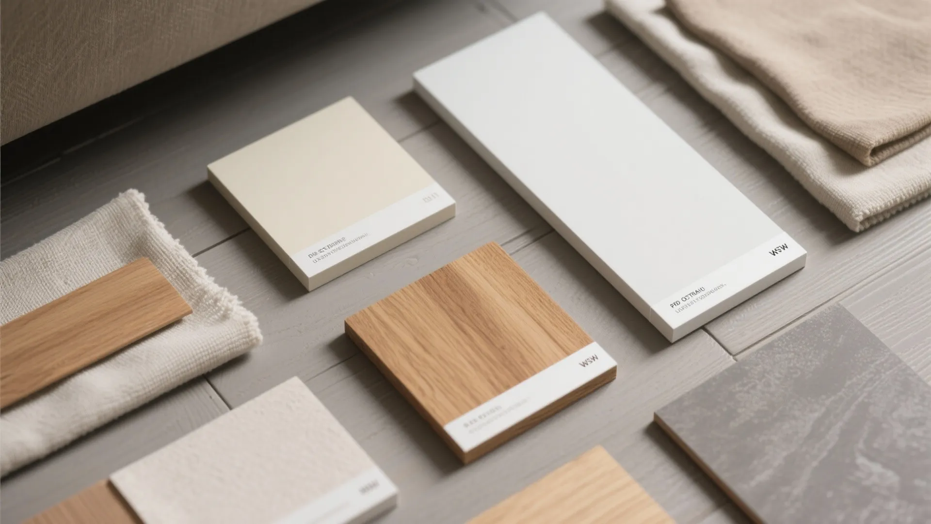 Interior design material samples including wood tiles fabric and white paint boards on grey floor