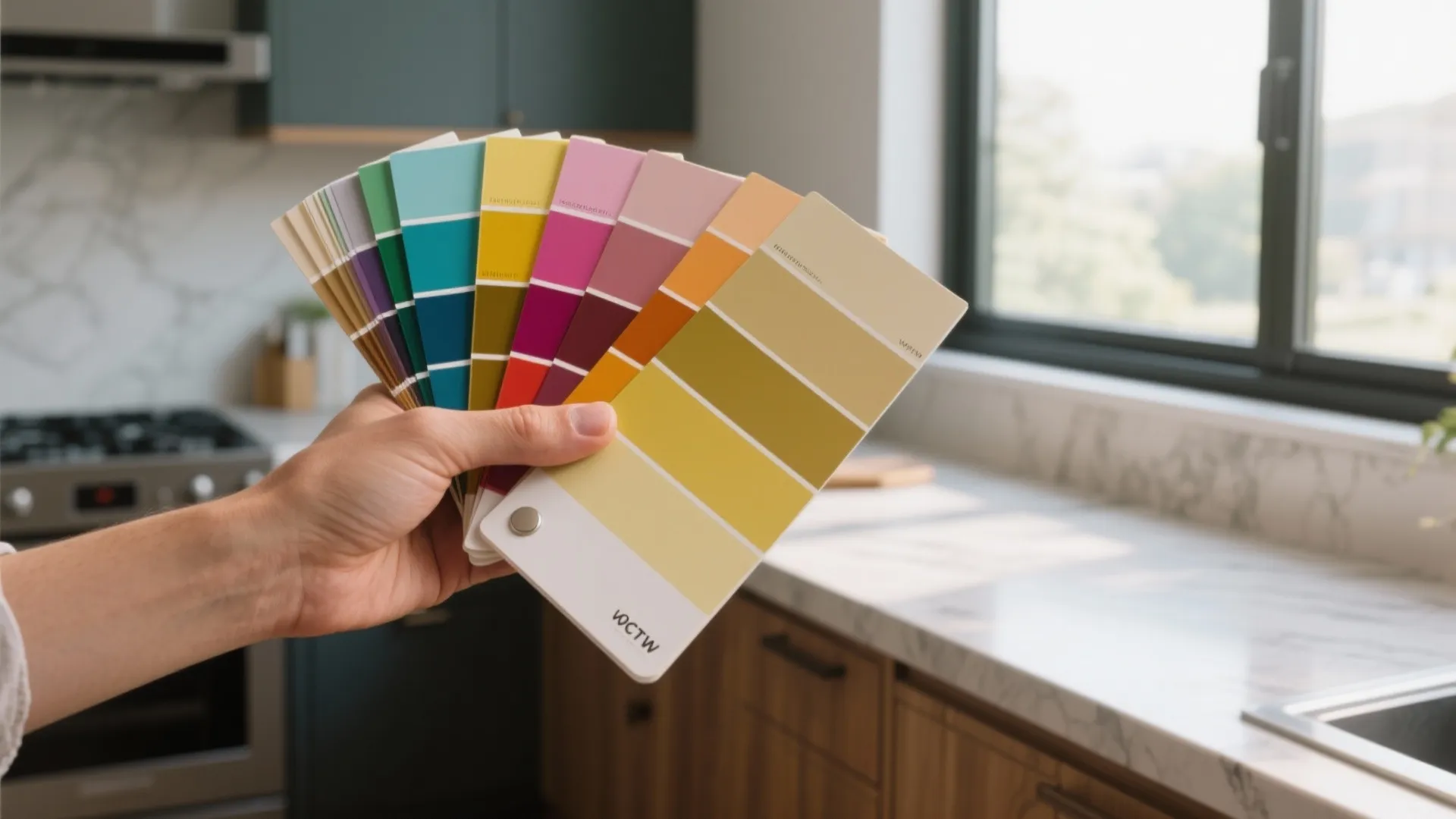 Hand holding colorful paint swatches in front of a modern kitchen with white marble counters
