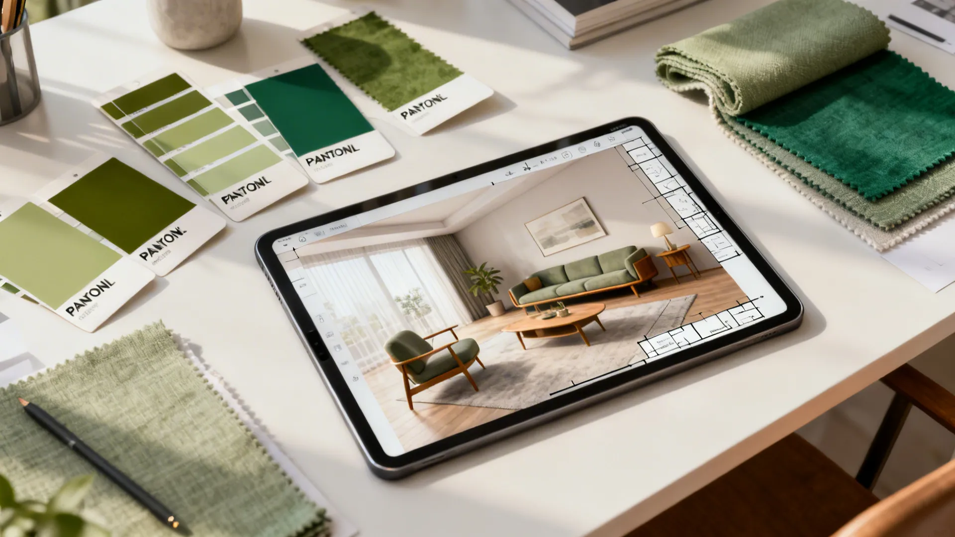 Designer workspace with green paint chips, fabric samples and a 3D floor planner on a tablet.