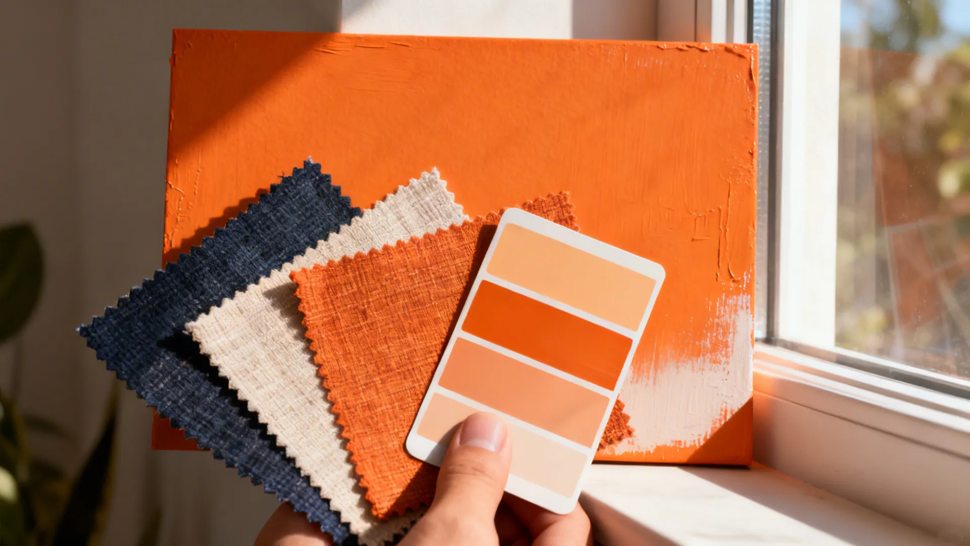 Fabric swatches and paint chips compared to an orange sample panel in natural light