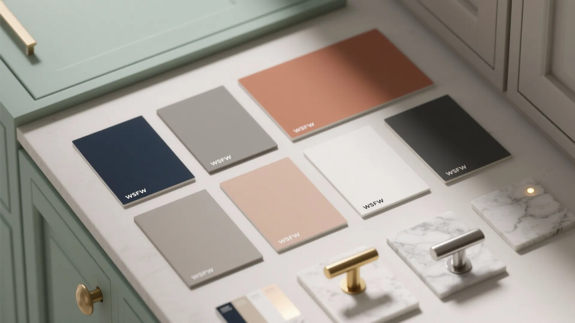 Color samples for interior design with marble tiles and gold cabinet handles on a countertop