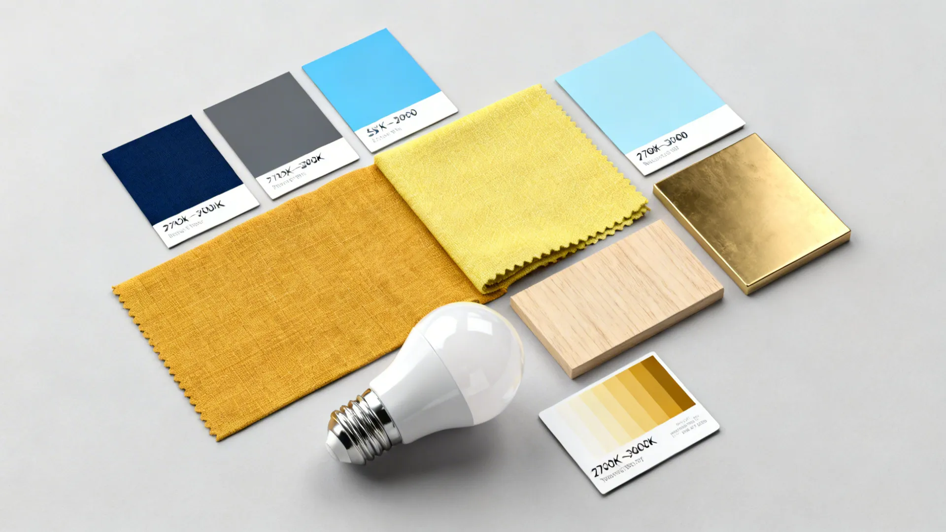 Flatlay of blue and yellow paint and fabric swatches with wood and brass samples