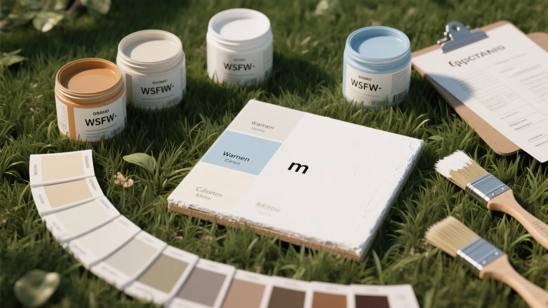 Top-down flatlay of paint pots, warm and cool white chips, brushes, and a painted test board for exterior paint testing.