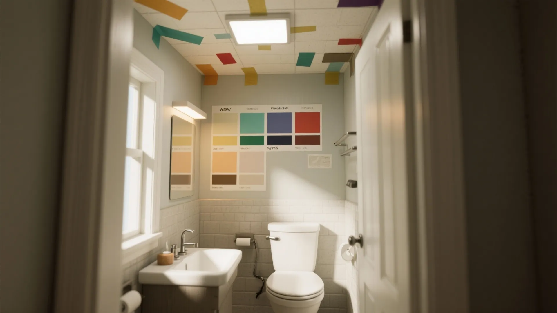 Bathroom showing paint swatches on the ceiling to test color under real lighting conditions.