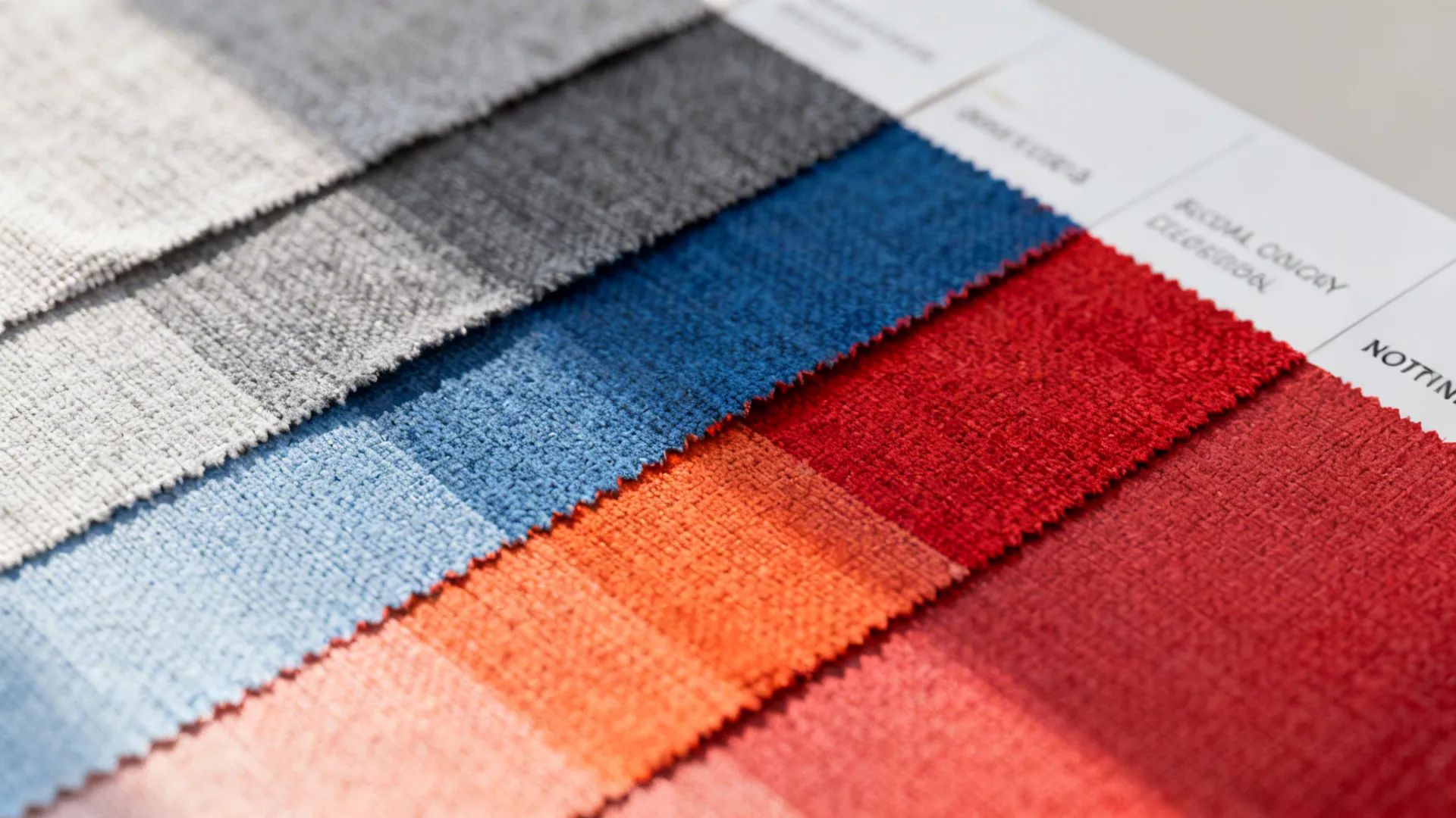 Close-up of paint and fabric swatches showing warm and cool greys with red undertones.