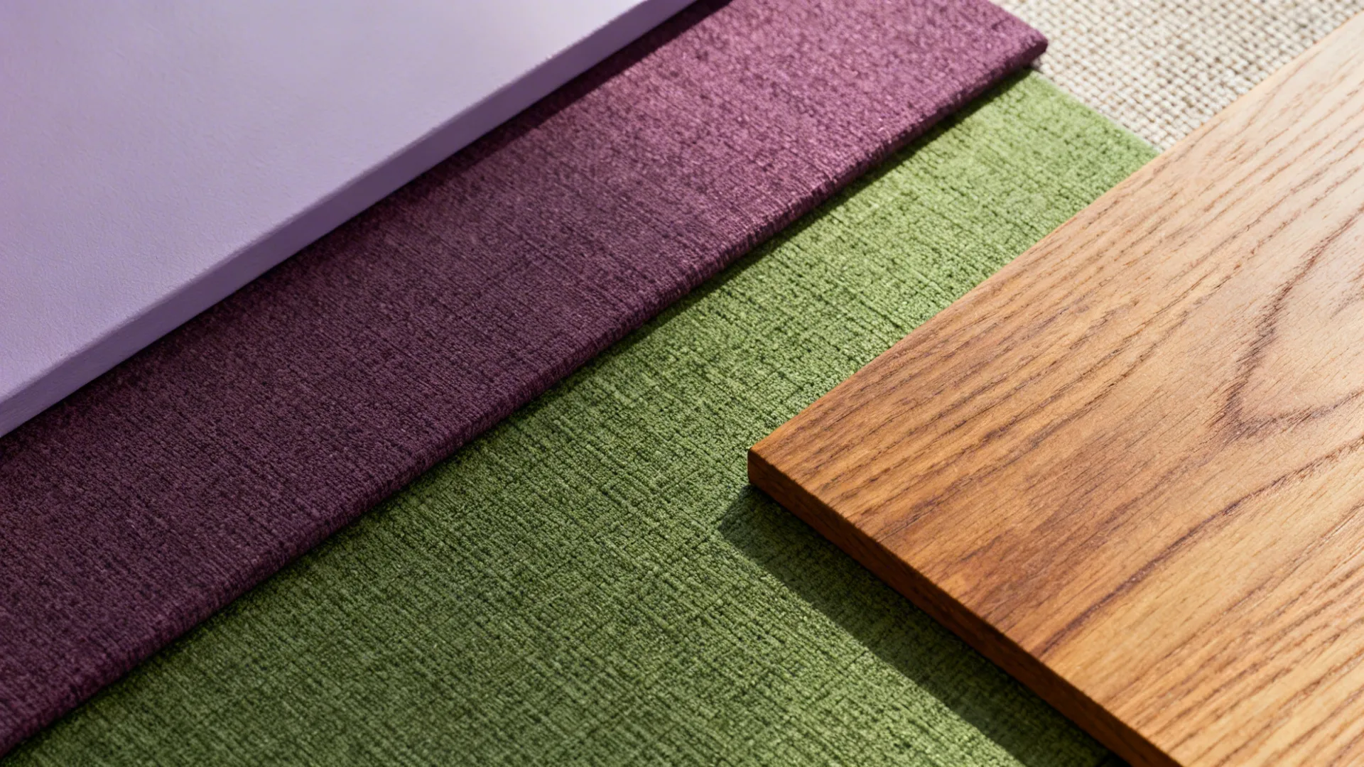 Close-up of paint swatches and fabric samples in lavender, plum, emerald and warm oak textures