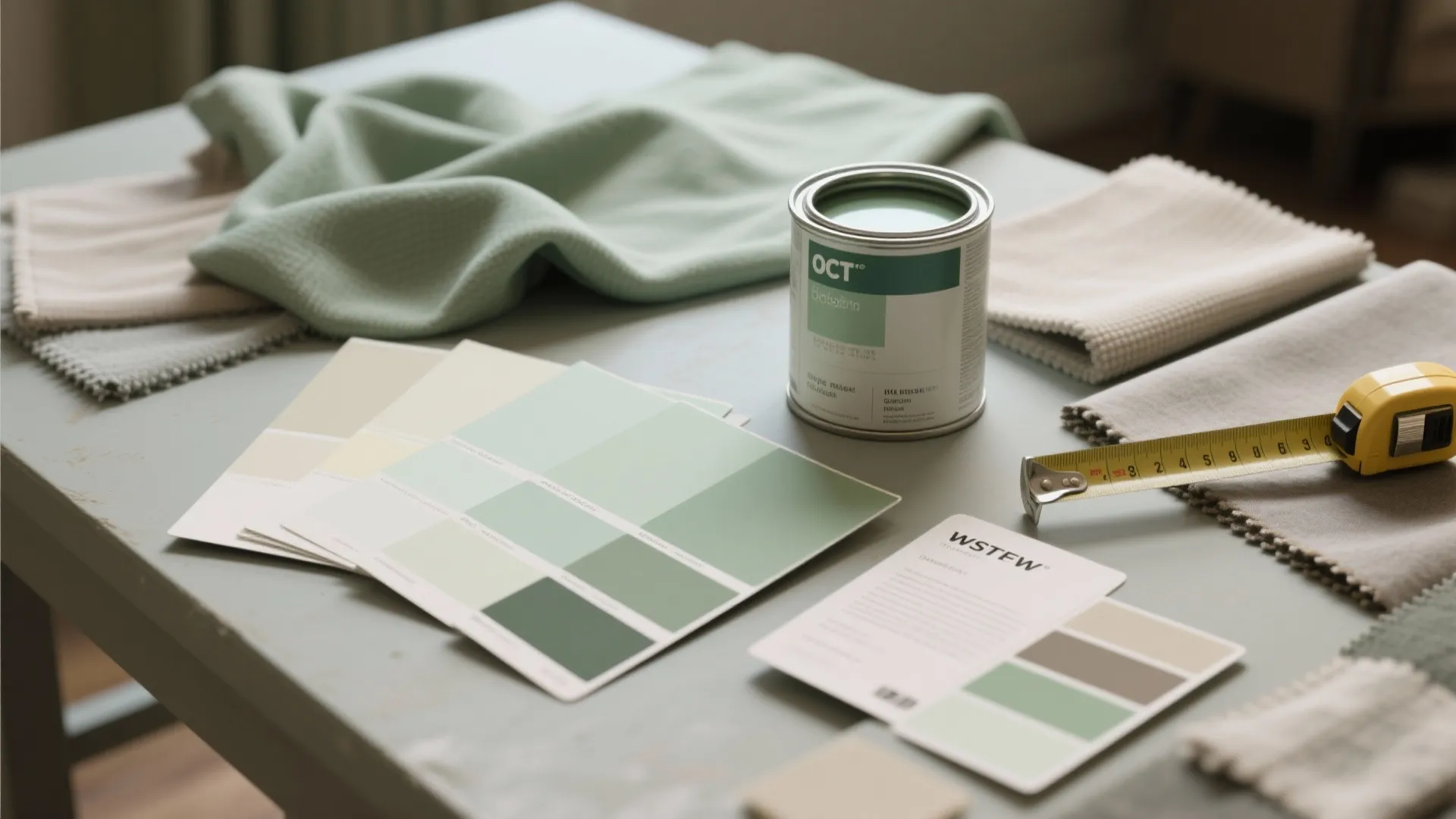 Paint swatches and fabric samples showing pale greens and neutrals on a table