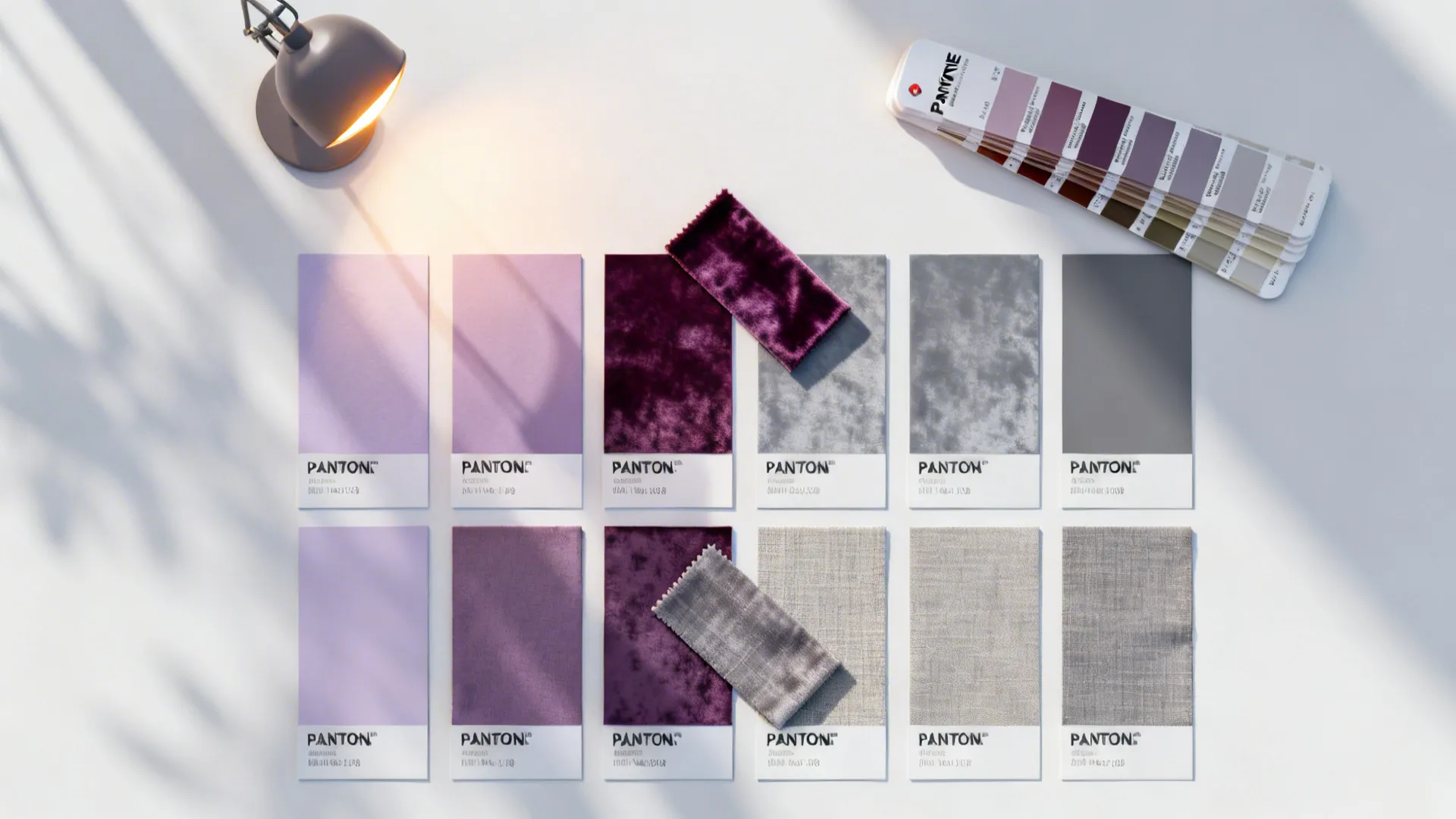 Flatlay of purple and grey fabric samples with color cards under a small desk lamp