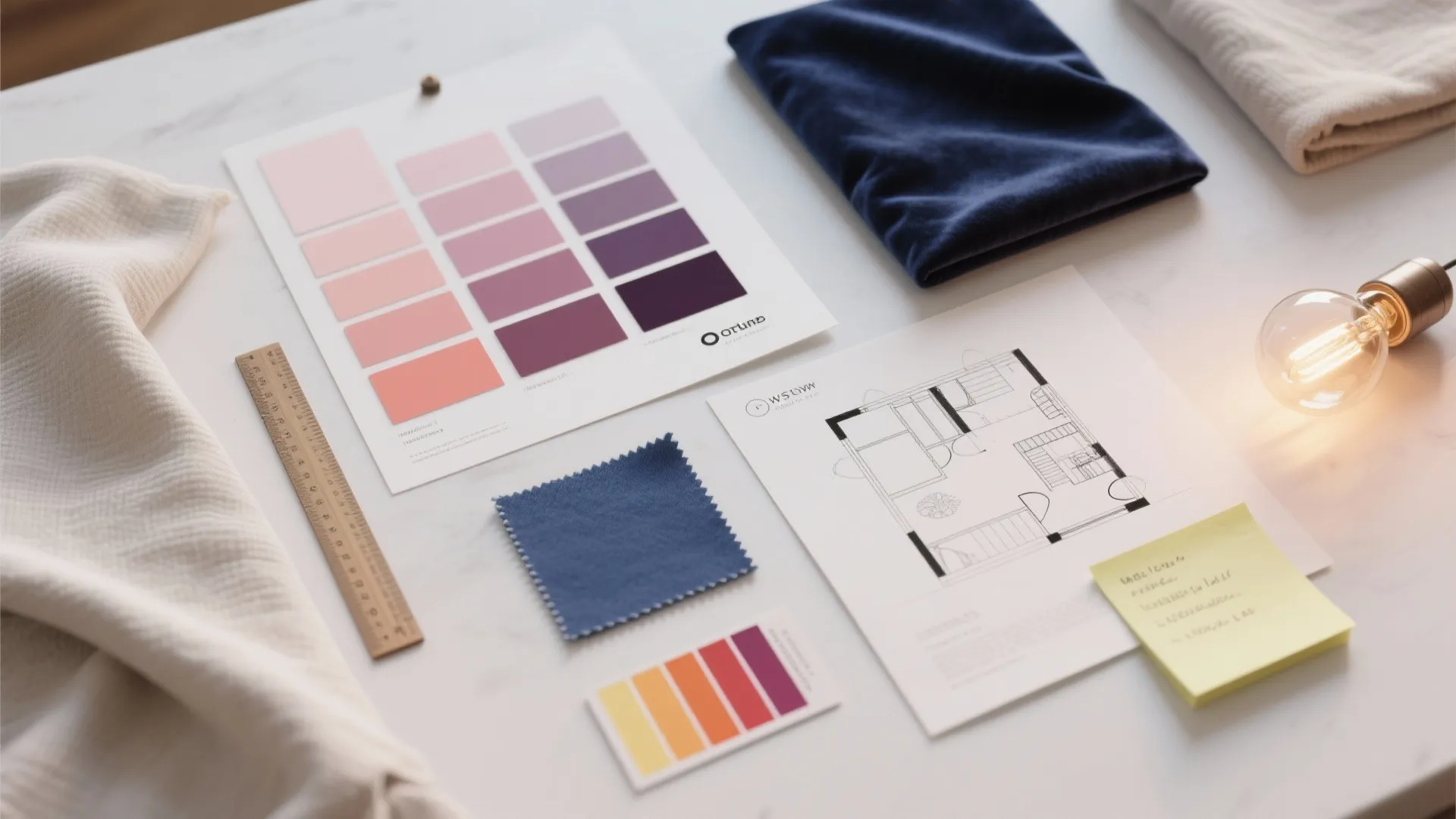 Interior design tools including color swatches fabric samples a floor plan and light bulb on desk