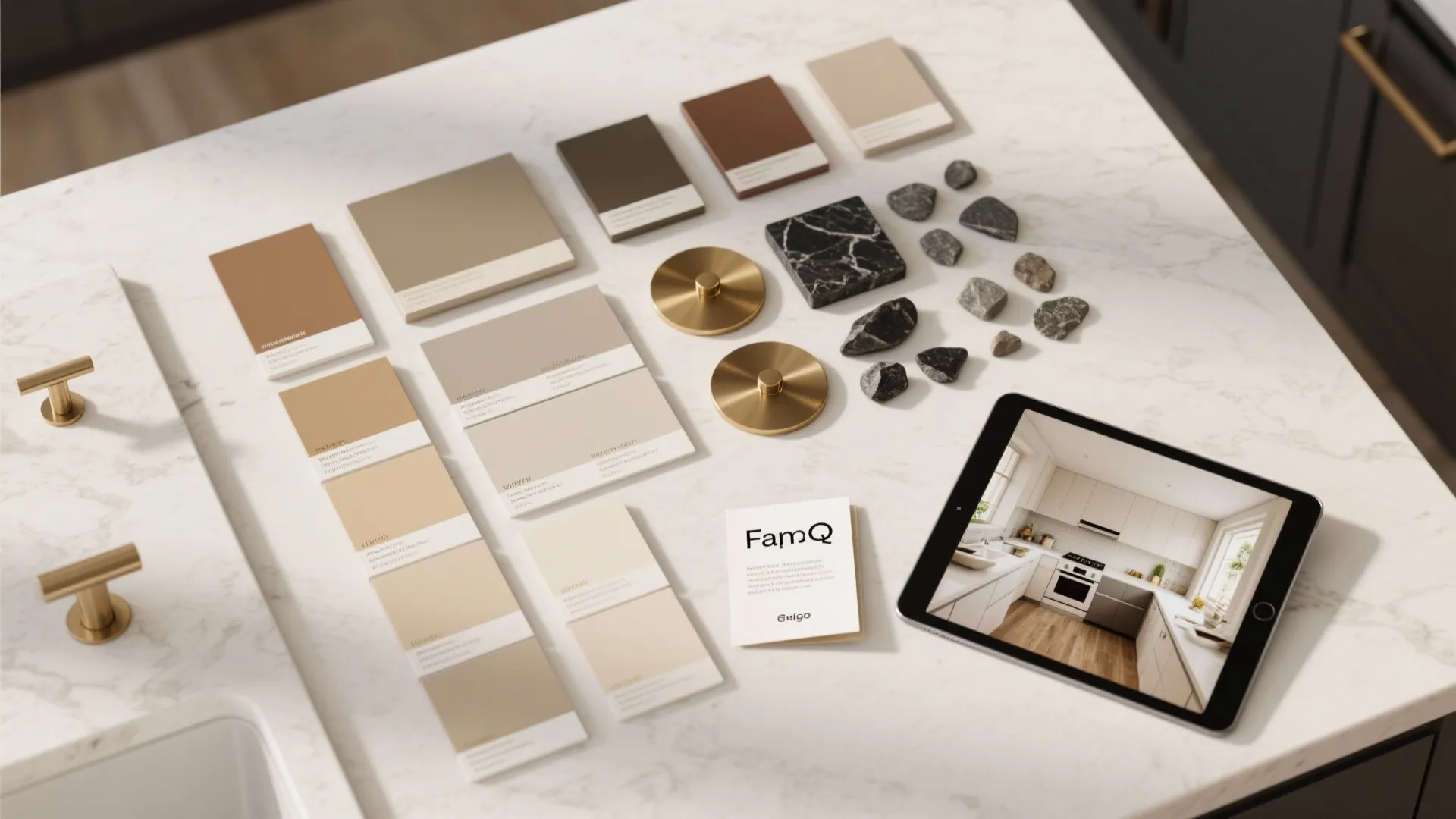 Interior design mood board on marble counter with color samples stones and kitchen design tablet