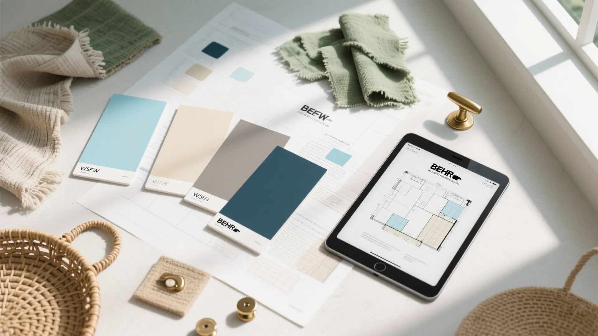 Interior design mood board with color swatches fabric samples tablet and floor plan on desk