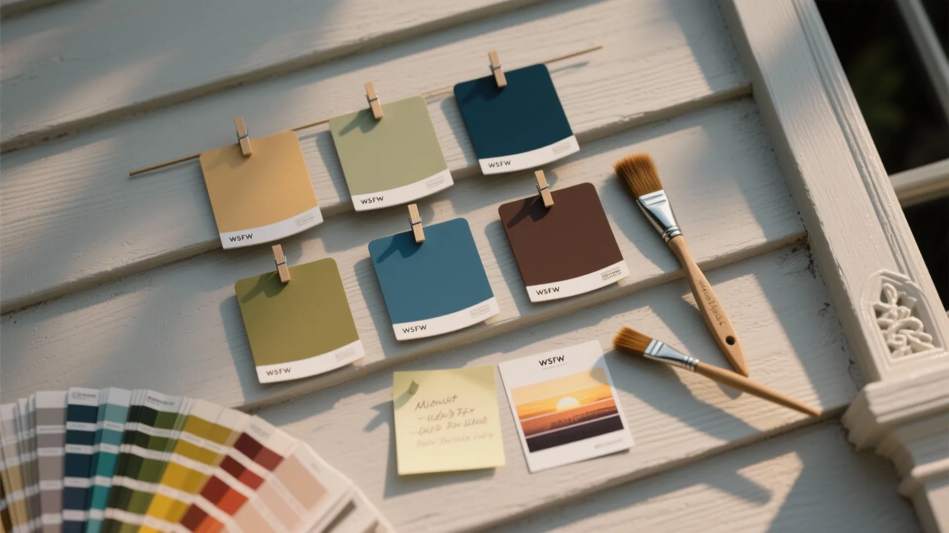 Colorful paint swatches hanging on a wooden wall next to two brushes and color palette