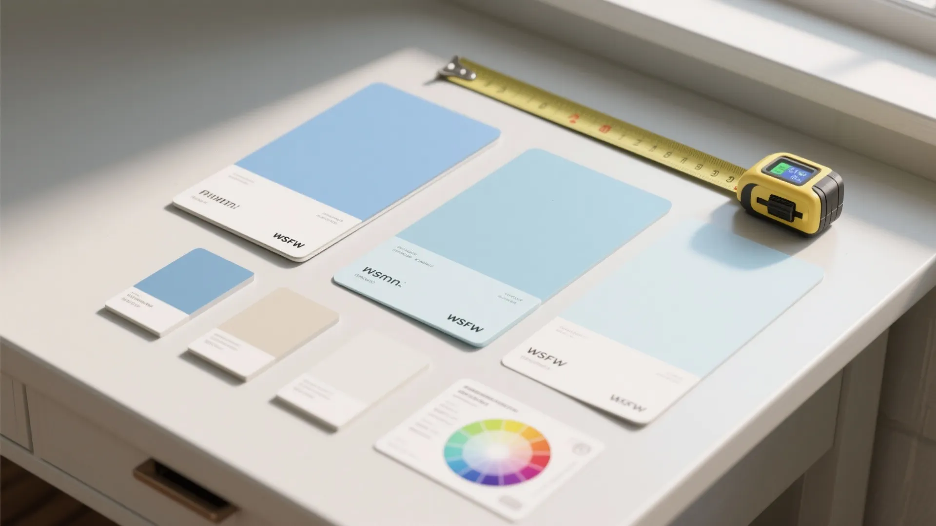 Blue color paint cards and a yellow measuring tape on a white desk with sunlight