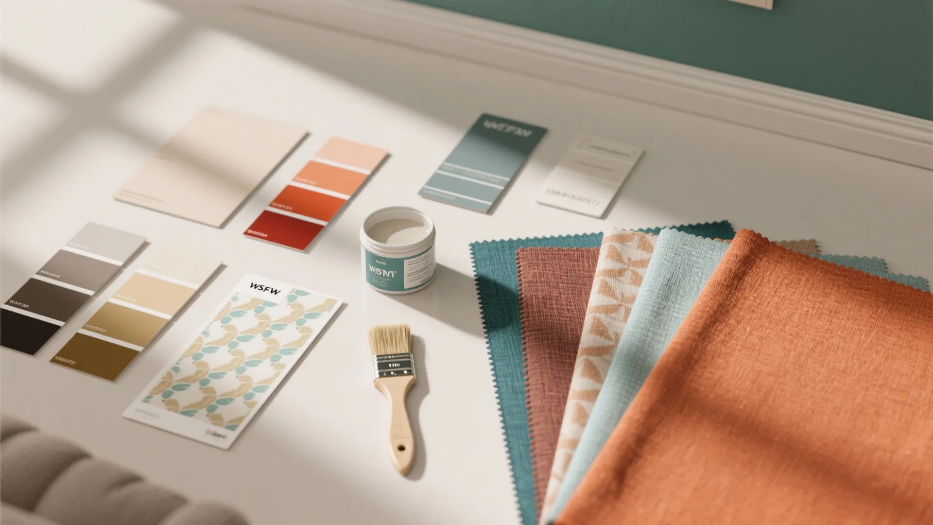 Interior design mood board with various color swatches fabric samples a paint can and brush