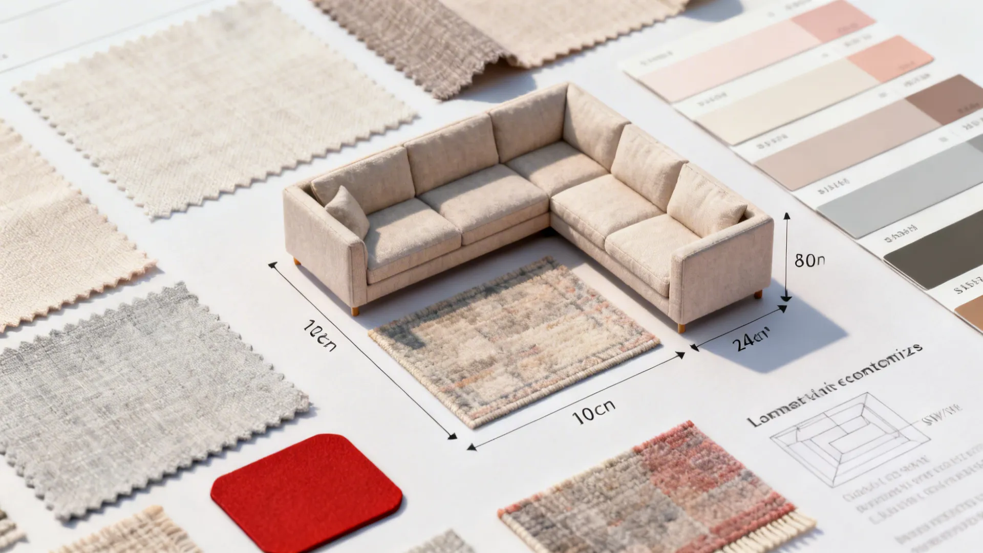 Flatlay of fabric swatches, color chips, and rug samples with dimension notes for sectionals