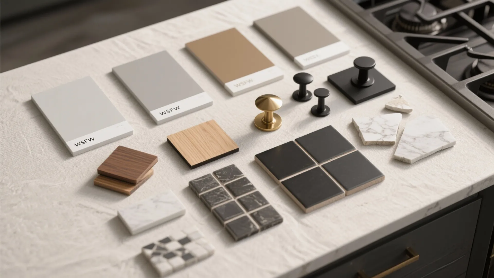Various material samples including wood tiles stone and cabinet handles displayed on a white kitchen countertop