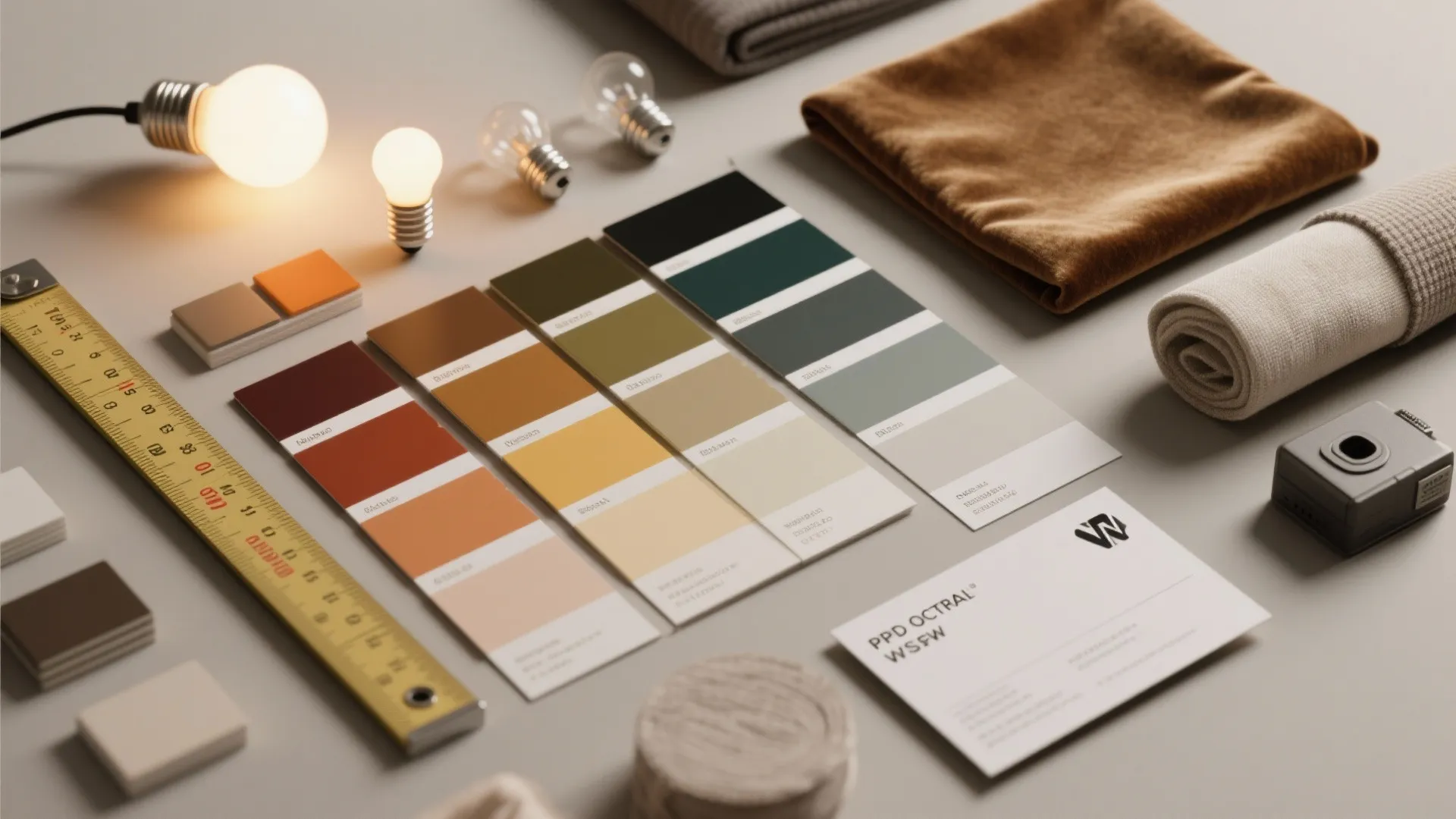 Interior design materials including color palettes fabric samples light bulbs and a yellow measuring tape tool