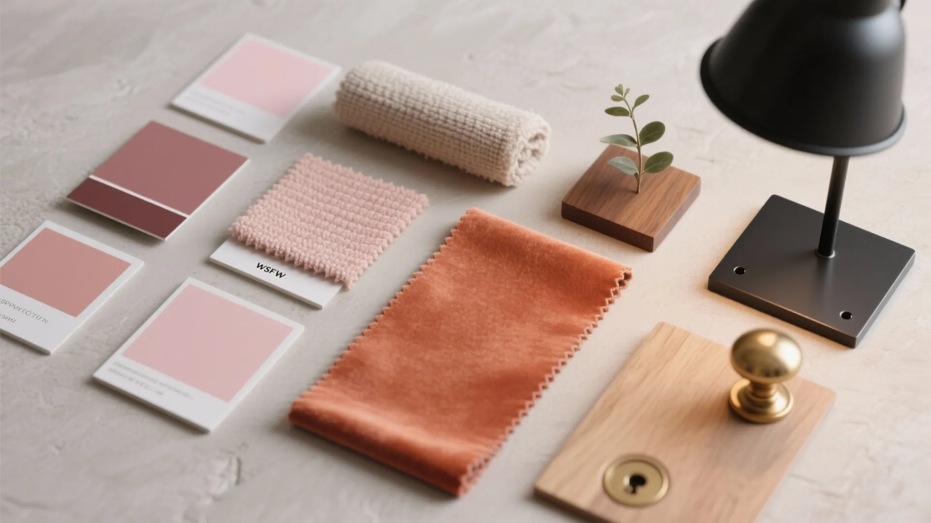 Interior design material board with pink color cards and fabric samples plus a black lamp