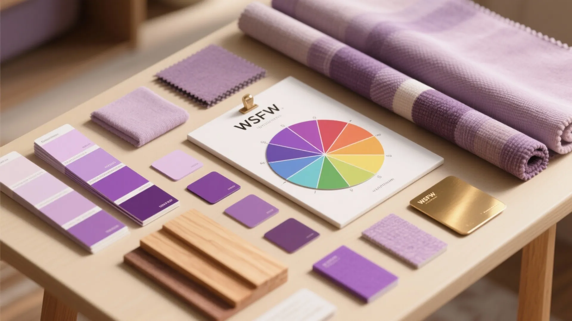 Color wheel purple fabric swatches paint samples wood pieces on table for interior design mood board