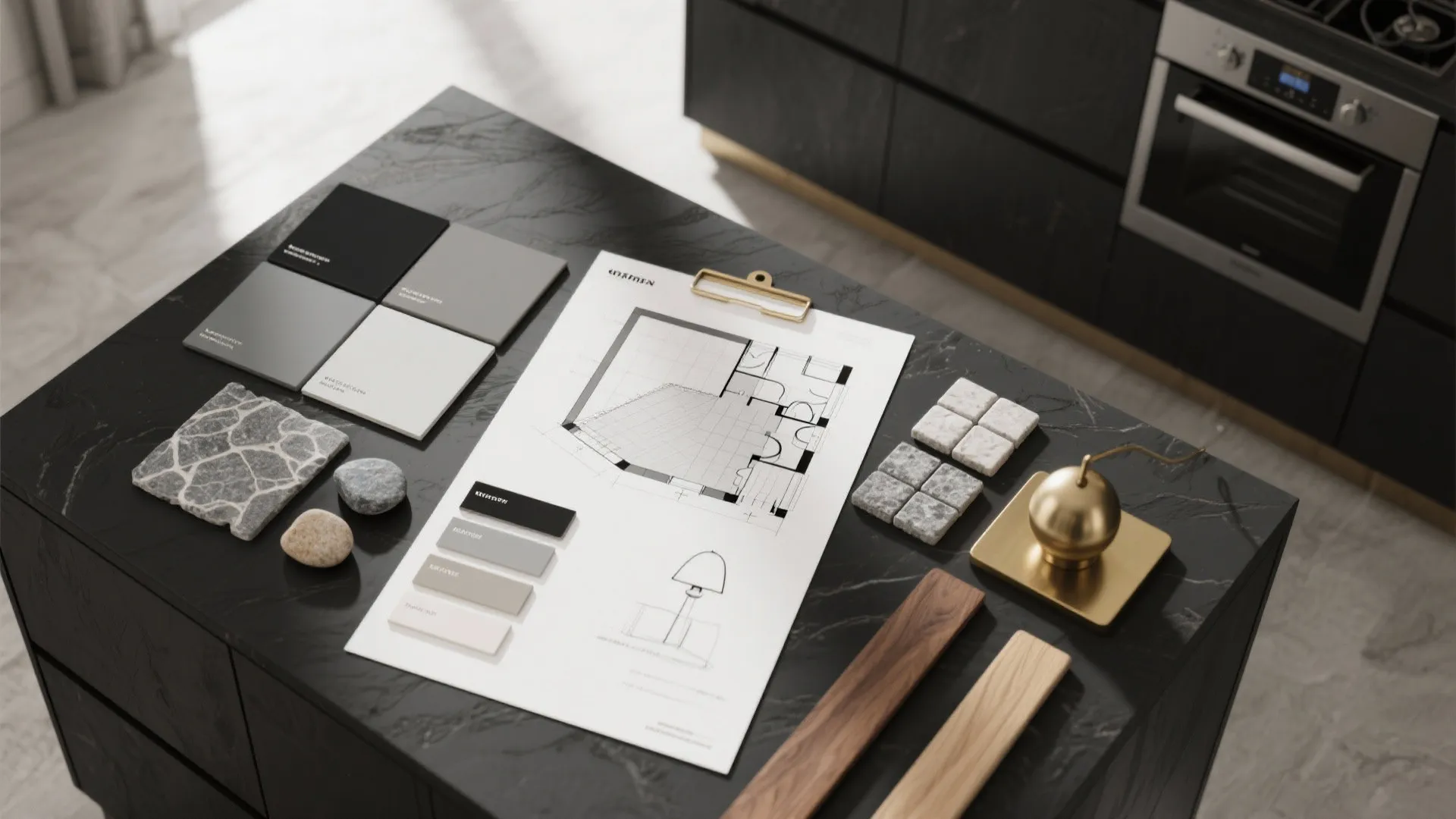 Interior design materials on dark kitchen island with floor plan drawing and various color swatches