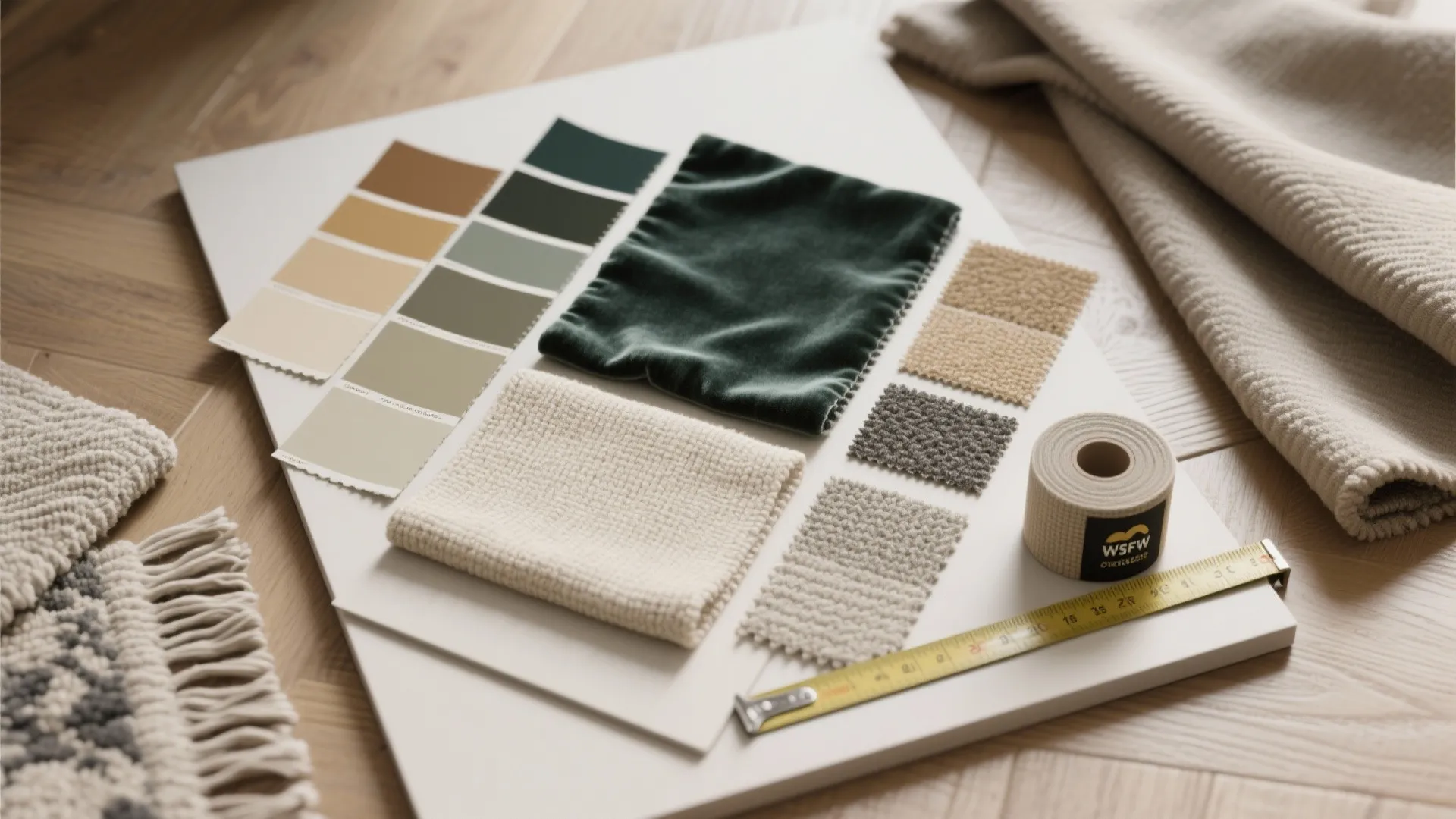 Interior design mood board with green velvet fabric samples color swatches and a yellow measuring tape