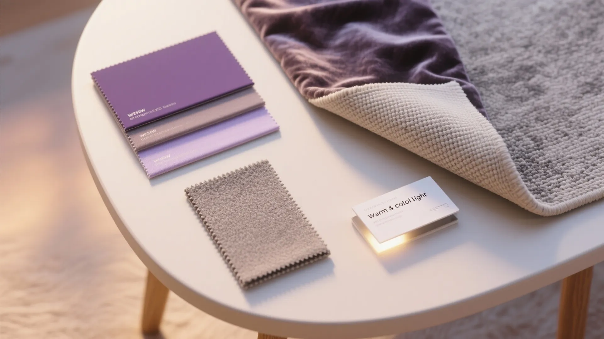 Purple and grey fabric swatches on a white round table with soft warm natural light