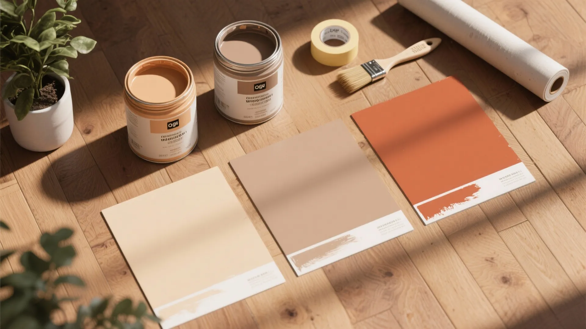 Interior design swatches on wood floor with paint cans paint brush and a small plant