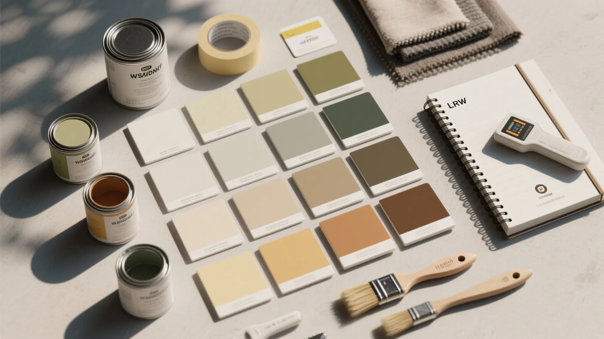Interior design mood board with paint cans color swatches brushes notebooks and fabric samples on table