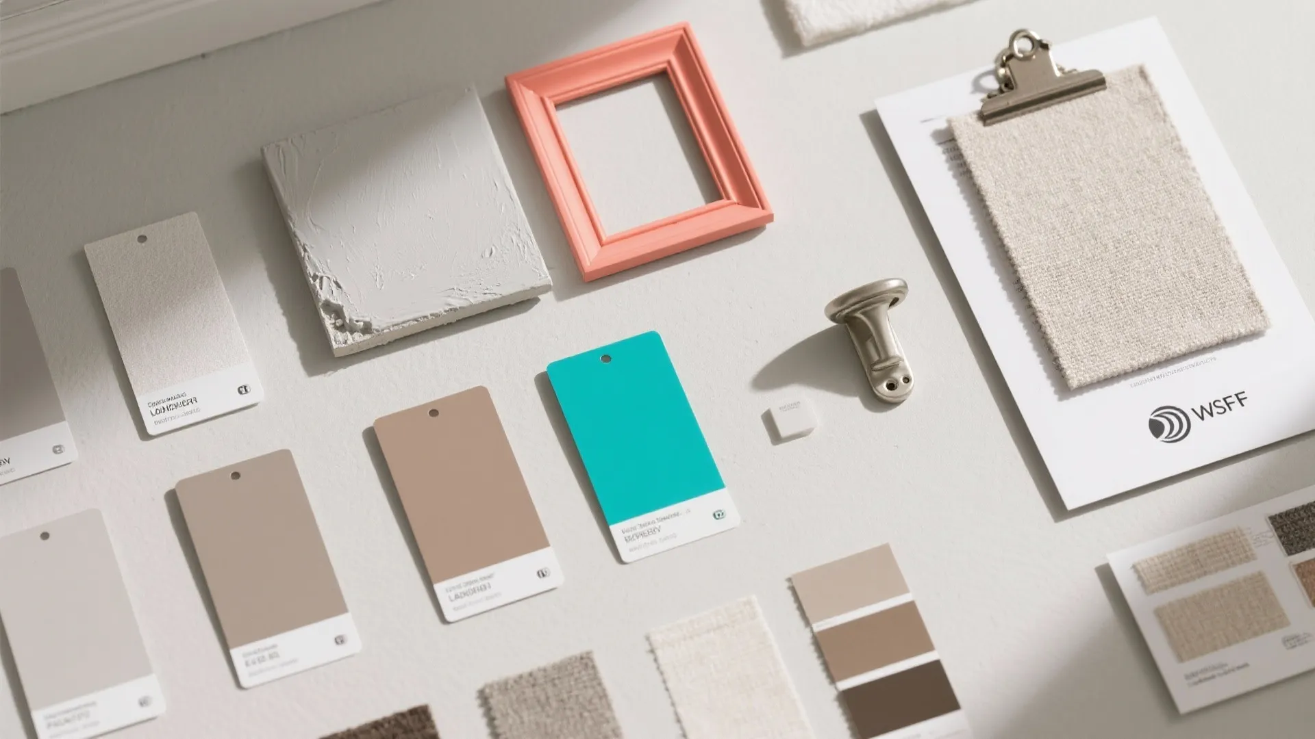Interior design flatlay with beige color swatches pink frame fabric samples and small metal bracket