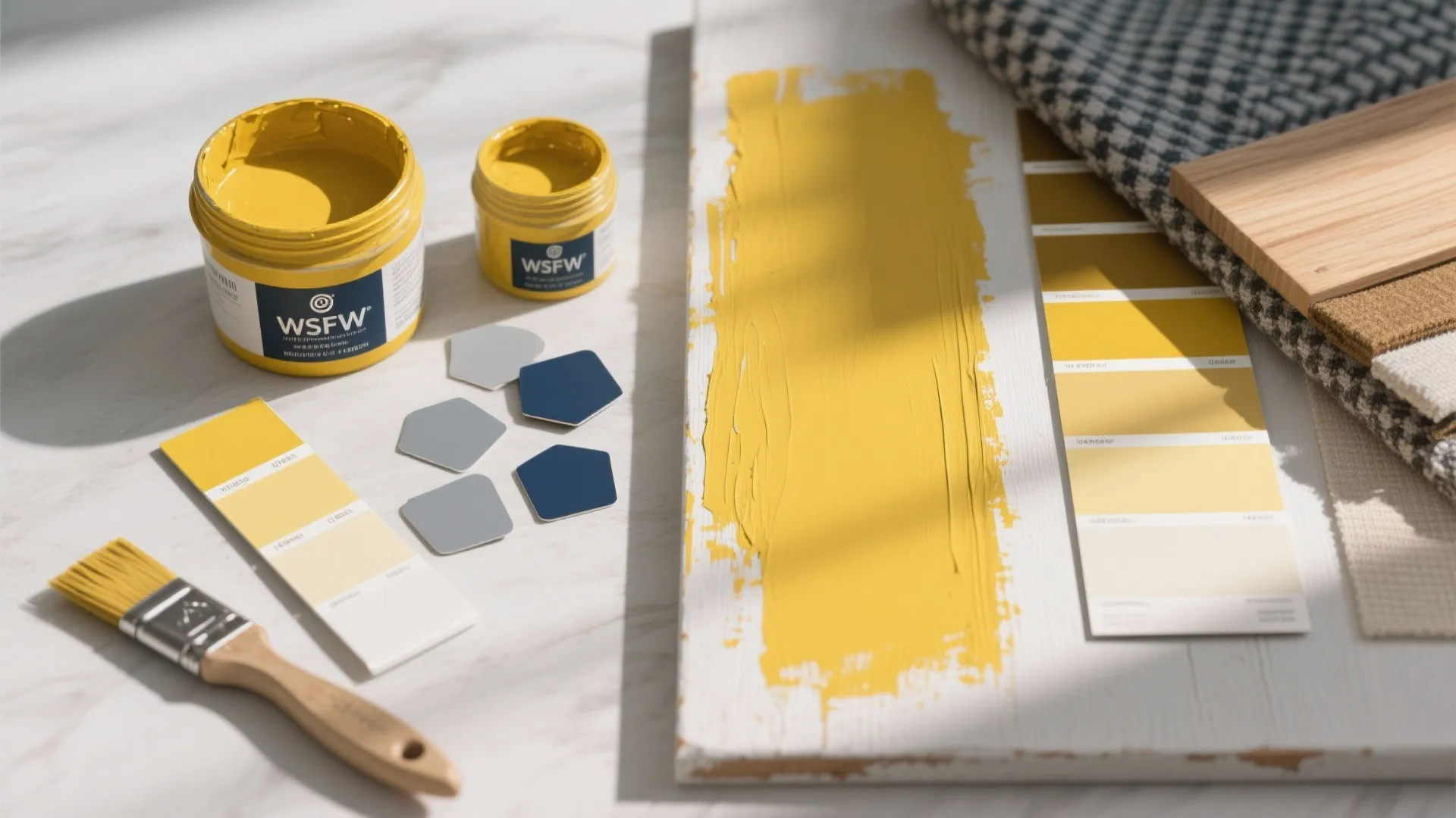 Flatlay of mustard paint swatches, cool grey chips, fabric and wood samples for testing color pairings.