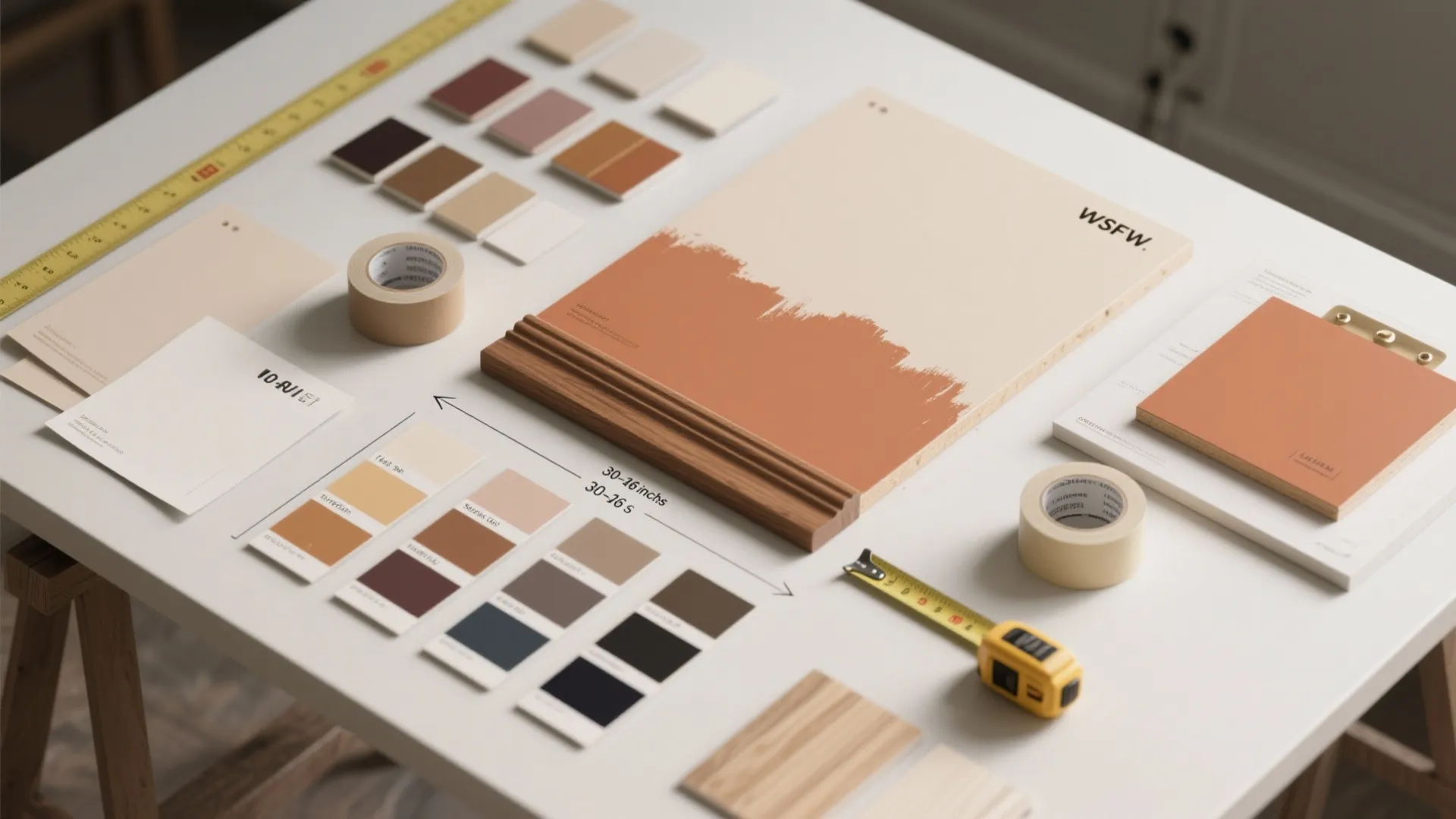 Top-down flatlay of paint swatches, trim samples, measuring tape, and mockup boards for planning half-painted walls.
