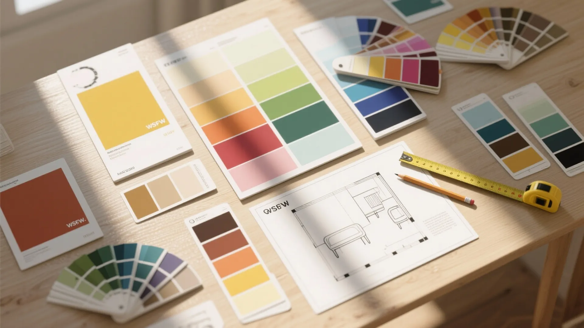 Top-down flatlay of large paint swatches, color chips, and a quick floor plan sketch.