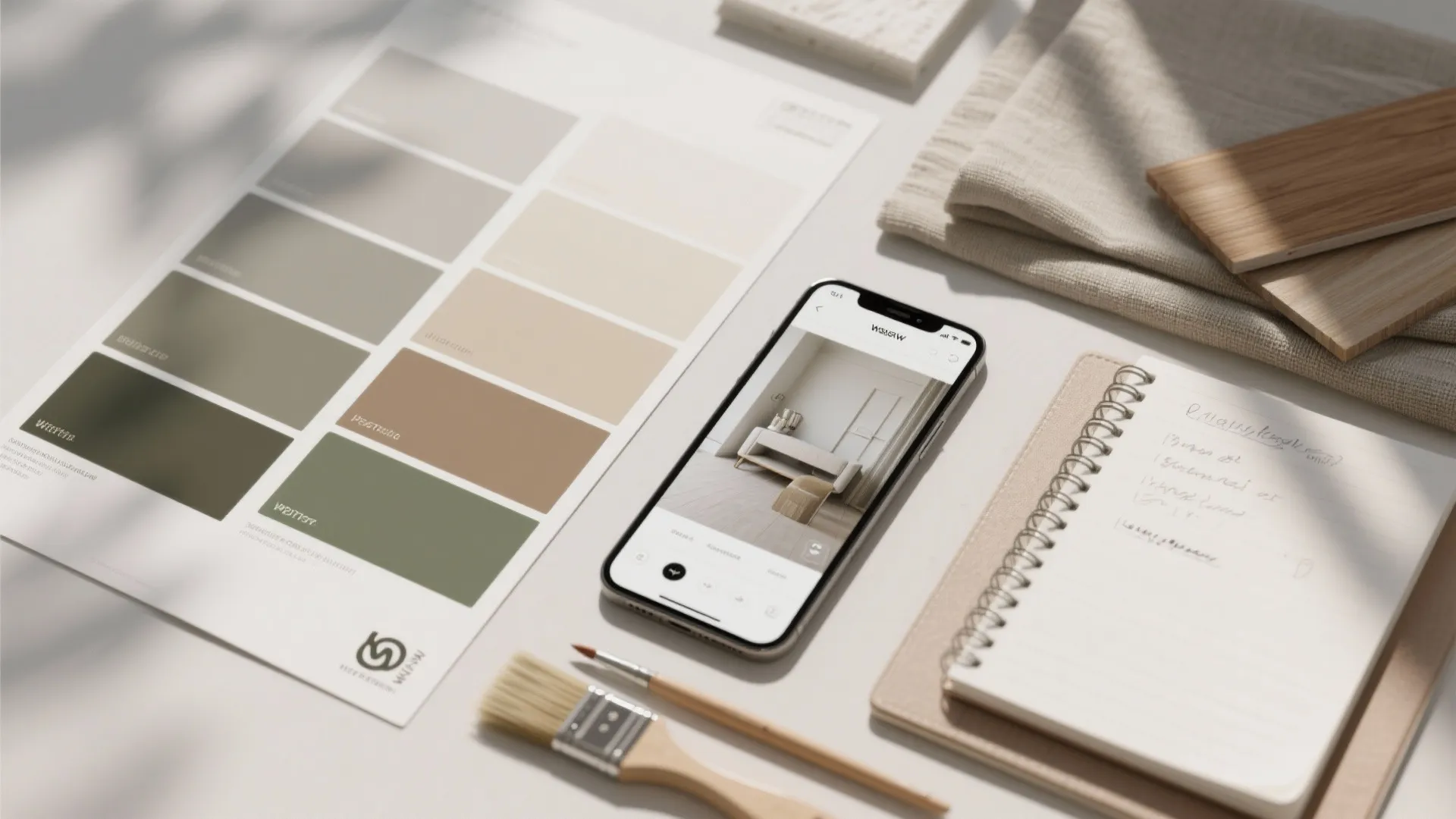 Top-down flatlay of paint swatches, fabric samples, and a tablet showing a 3D mockup for choosing neutrals.