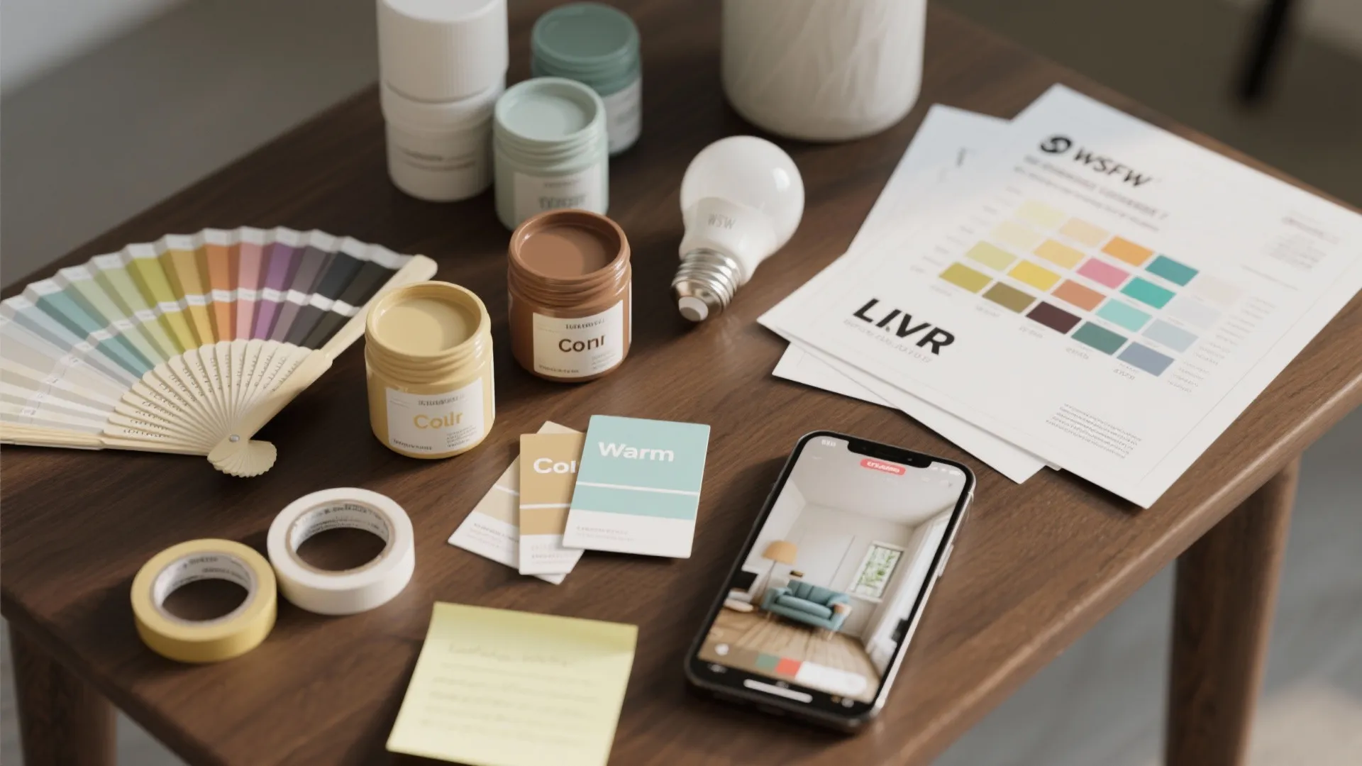 Desk with paint cans color swatches light bulb smartphone and interior design planning tools for home