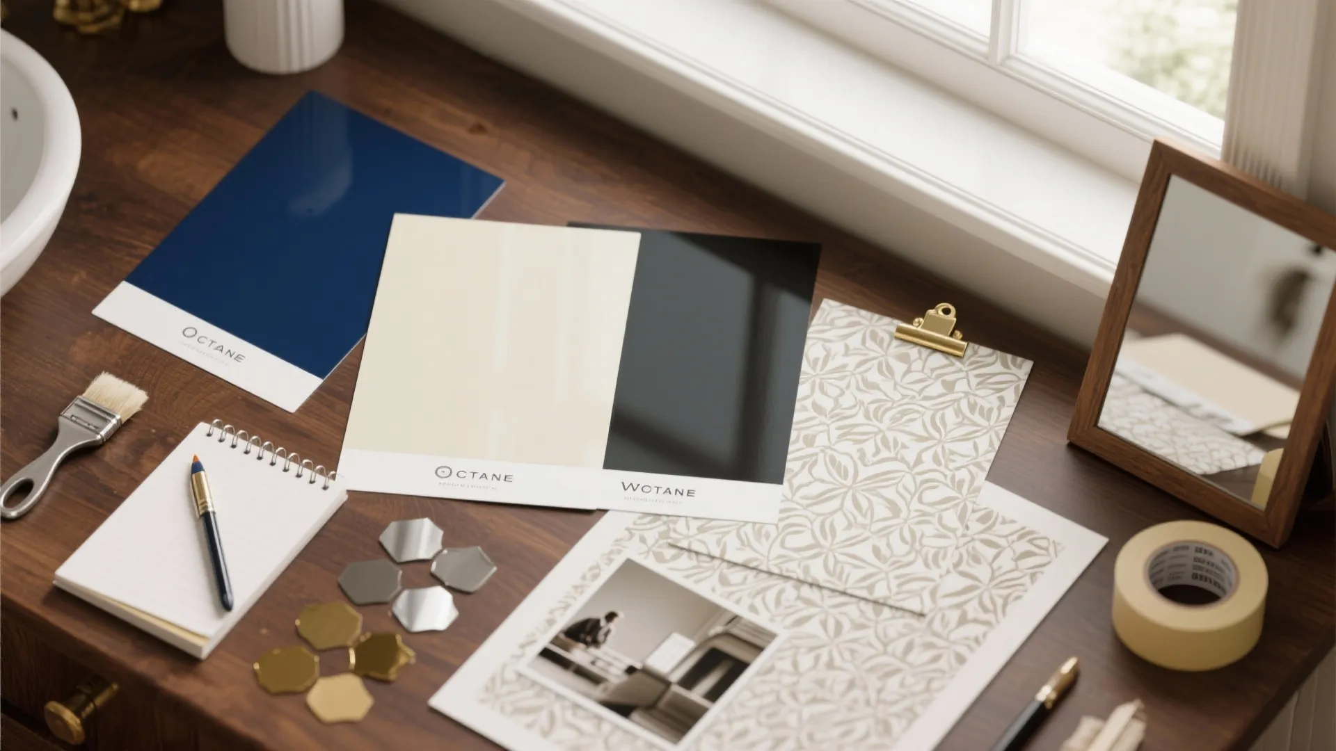 Desk with color samples, notebook, paint brush, small mirror, and floral pattern design paper sheets