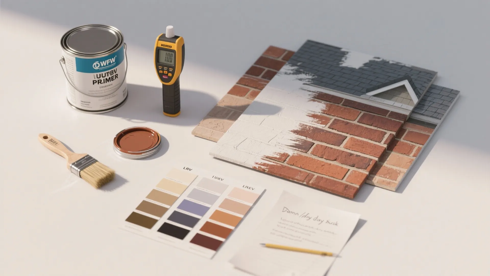 Interior design materials including paint bucket brush color swatches brick samples and handheld measuring tool
