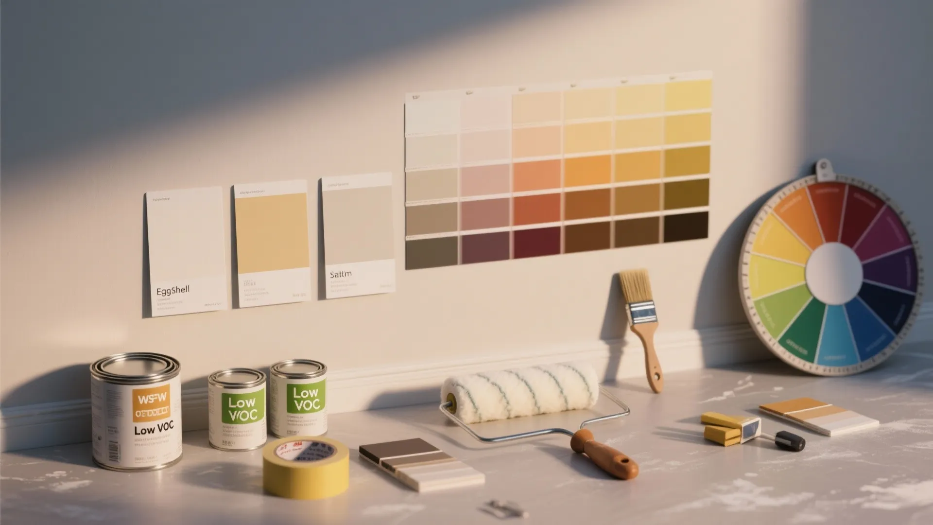 Paint cans, roller, brush, and color samples on floor with color wheel and wall charts