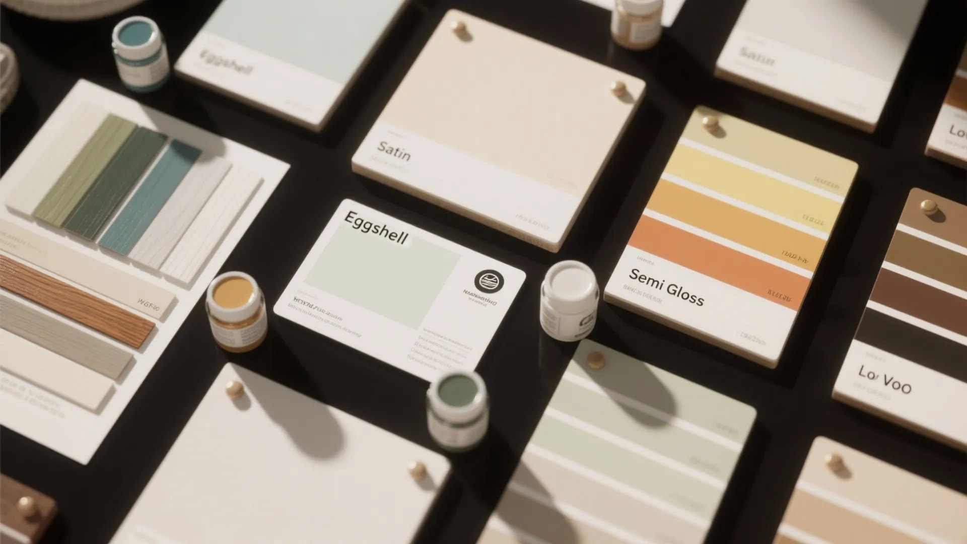 Variety of interior paint color cards and small jars on a dark table surface flatlay