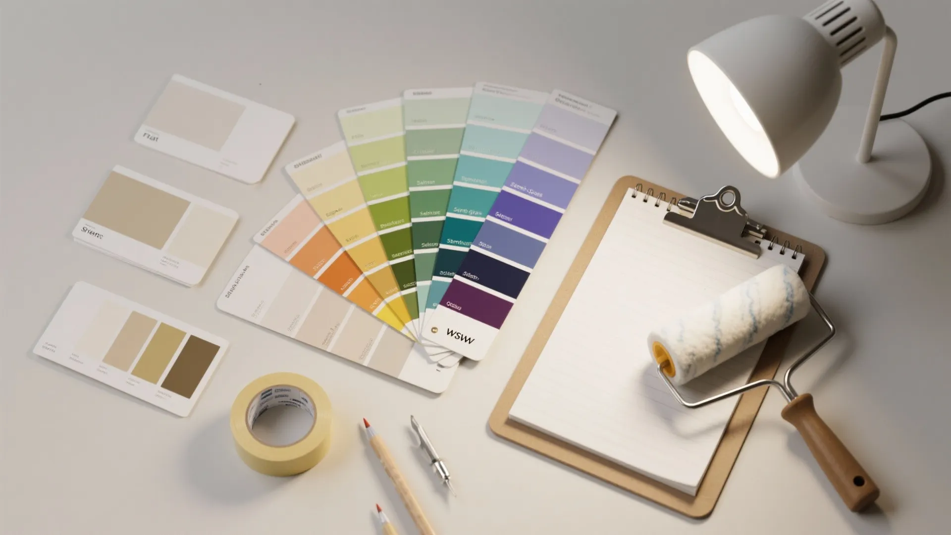 Flat lay of colorful paint swatches paint roller notepad and white desk lamp on table