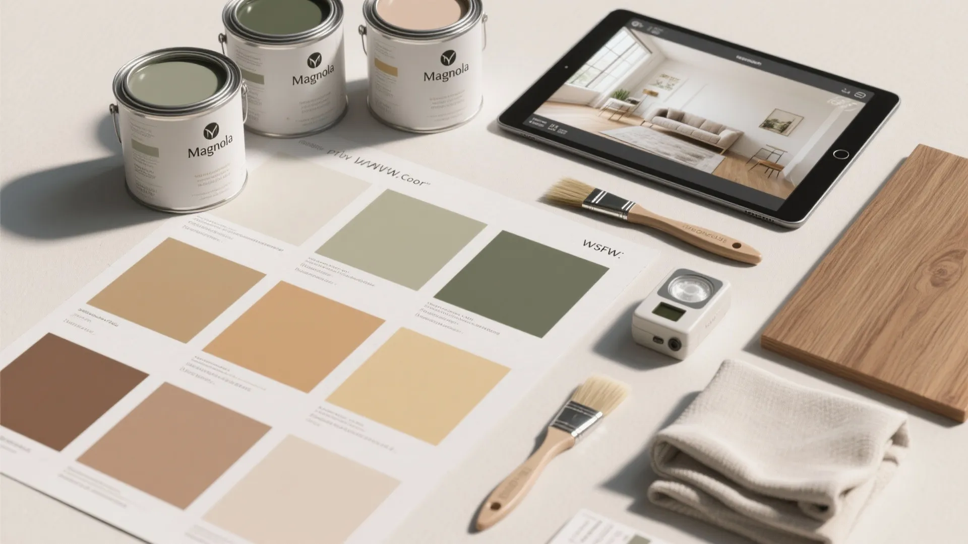Top-down flatlay of paint swatches, brushes, a tablet with room mockup, and material samples.
