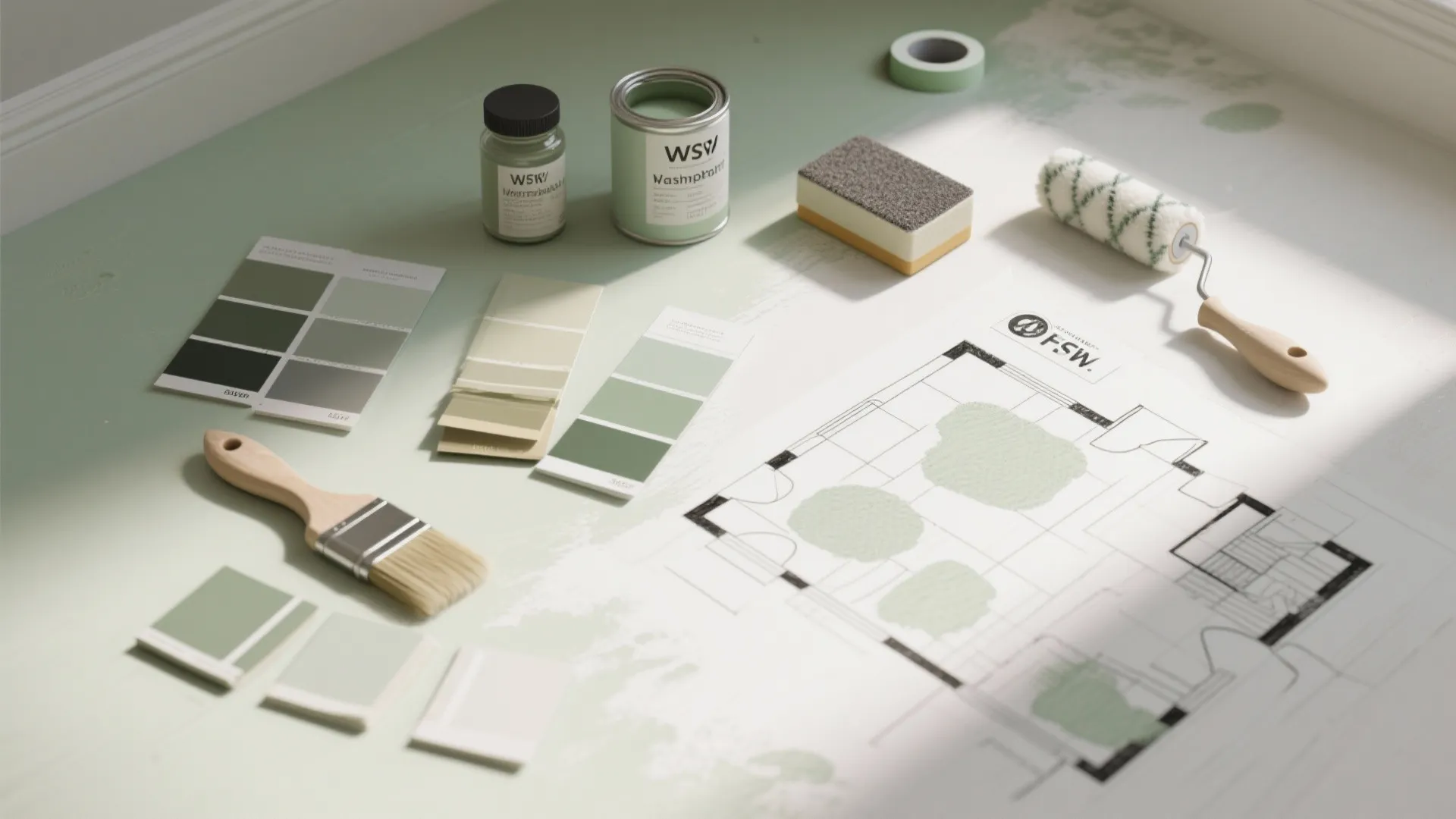 Floor plan drawing surrounded by green paint cans color swatches brushes and a small paint roller
